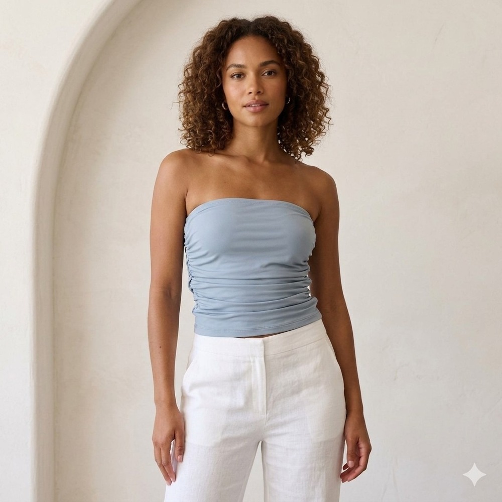 Cider Light Blue Ruched Tube Top Medium M Strapless Bandeau Gathered Crop Y2K